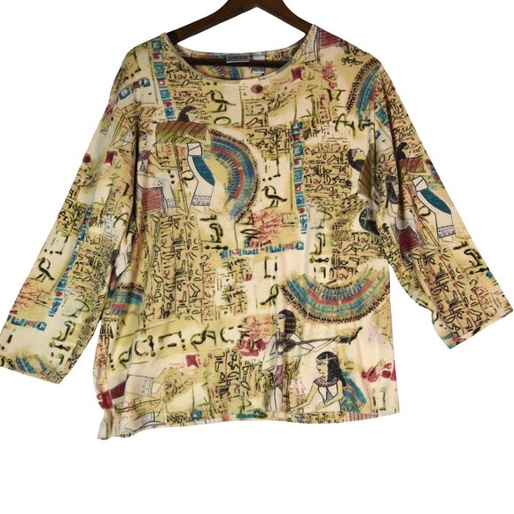 Chico's Tops - Chico’s Size 3 Egyptian Print Long Sleeve Top 100% Cotton Artsy Graphic Blouse